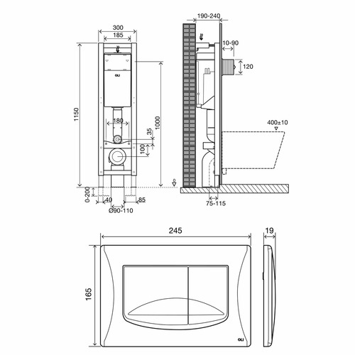 Инсталляция Oli Quadra 280490mRI00 с клавишей смыва River Dual для подвесных унитазов