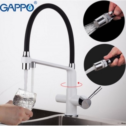 Смеситель для кухни Gappo G4398-9 с гибким изливом и фильтром хром-белый